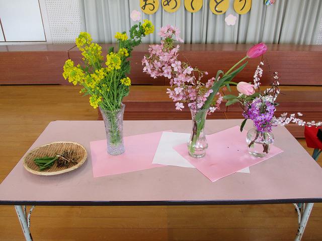 菜の花、河津桜、サクラソウ、沈丁花（ジンチョウゲ）、チューリップが色鮮やかに飾られました。子どもたちも思わず「きれい～！！」「かわいいね。」とウキウキ・わくわくのようでした。